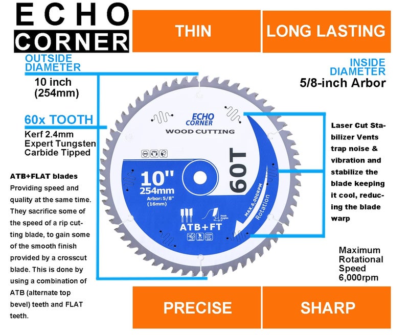 Echo Corner 10-Inch Fine Finish Miter/Table Saw Blade, Combination ATB+Flat 60-Tooth, for Wood, Plywood, Plastic, Veneer, Lumber, Laminate, 5/8" Arbor (Miter/Table 60T-Finishing) - Image 2